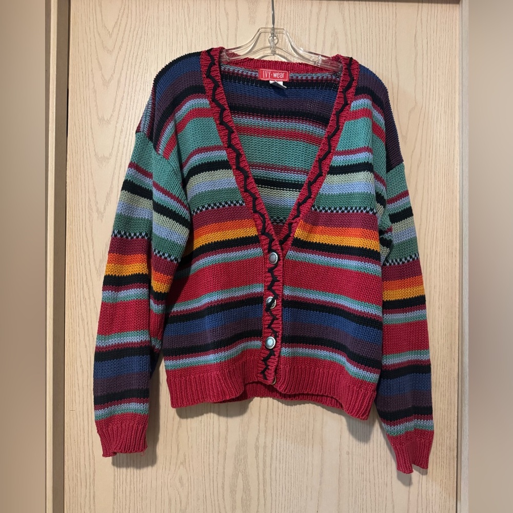 Vintage Ivy Wear Rainbow Striped Knit Cardigan size Large